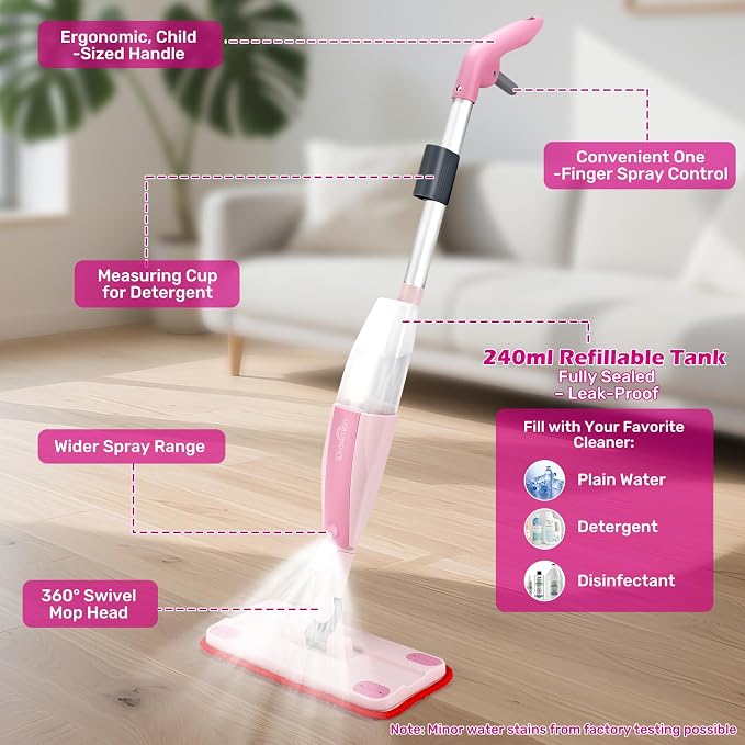 Dreamon Kids Spray Mop - Real Working Toddler Cleaning Set for for Ages 3-7 | Pink Fun & Functional Kids Mop Cleaning Set, Real Working Mini Mop with Spray Bottle, Cleaning Toys Gifts for Kids Girls Boys