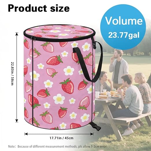 BIGCARJOB Strawberry Daisy Foldable Trash Can Outside Waste Basket Bin Water Resistant Garbage Bag 22.83x17.71 Recycling Bin Trash Can Bag with Zipperd Lid and Clip