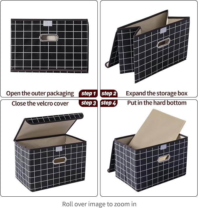 STOREONE Fabric Storage Cube Bins Foldable Organizer Container Collapsible Basket with Lids and Metal Handles, for Home, Bedroom, Closet 6 Pcs (Black grid)