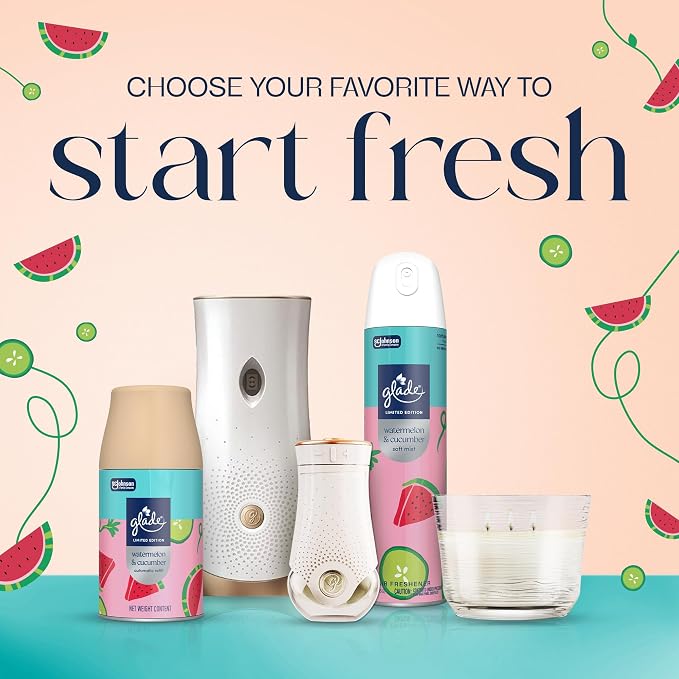 Glade PlugIns Refills Air Freshener Starter Kit, Watermelon & Cucumber, Scented and Essential Oils for Home and Bathroom, 0.67 Fl Oz, 1 Warmer + 2 Refills (Pack of 5)