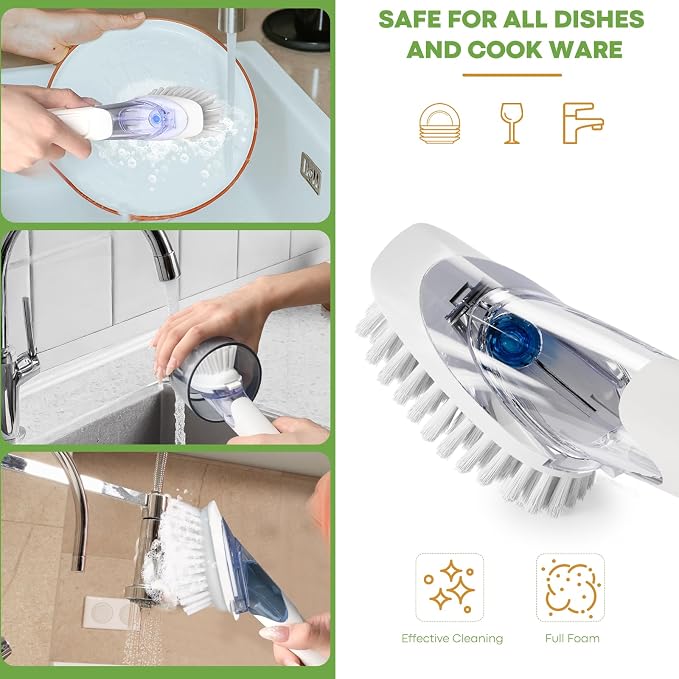 RIMAY Soap Dispensing Dish Brush Dish Scrubber with Soap Dispenser Handle | Dish Soap Brush and Dish Wand Heavy Duty Kitchen Cleaning Scraper Non-Scratch Scrubs Dishes, Pans, Sink, and Pots, White