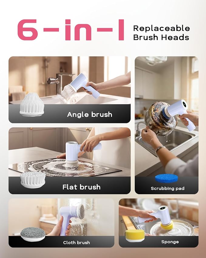 PUFTEM Electric Shower Scrubber, Cordless Bathroom Scrubber, Dual Direction | Dual Direction Cleaning, 6 Replaceable Brush Heads, IPX7 Waterproof, Kitchen, Grout, Tile, Tub, Sink and Corner Cleaning