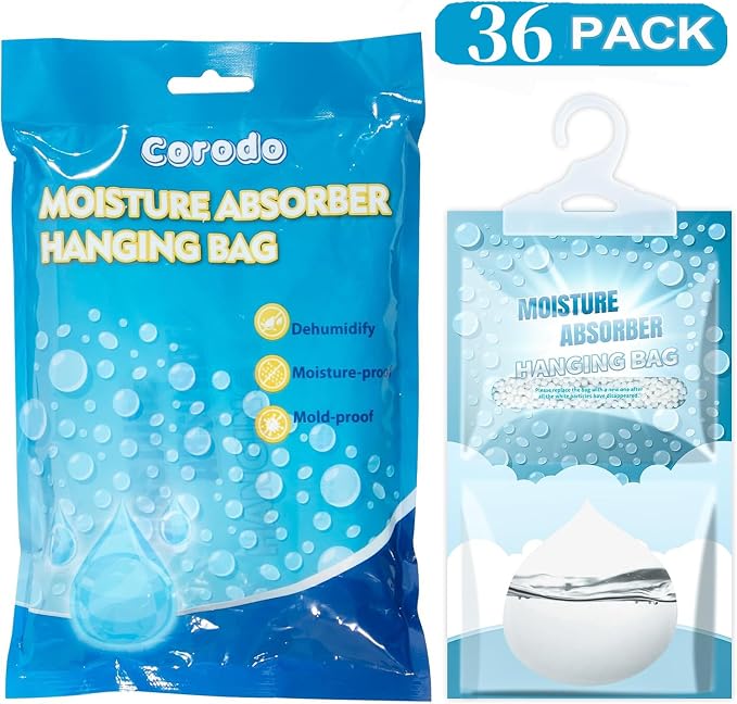 36 Pack Hanging Closet Dehumidifier Bags Moisture Absorbers for Cars | Fragrance Free Leakproof Moisture Absorbing Bags for Closet, Bathroom Basement RV, Eliminates Odors for Fresher, Cleaner Air