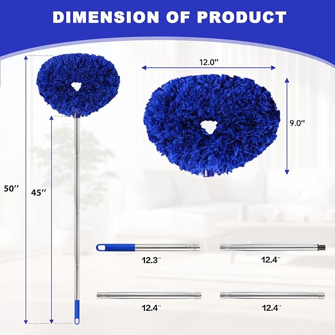 Ceiling Fan Cleaner Duster Reusable Microfiber Ceiling Fan Blade Cleaner Removable Duster with Extension Pole Adjusts 13 to 49.7 Inch for Cleaning Walls Furniture Door Window Top (Dark Blue)