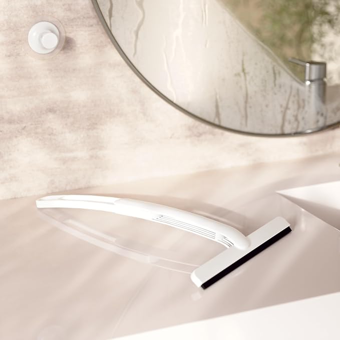 Umbra Flex Adhesive Shower Squeegee, Extendable Handle, 16-Inch, White | Rust-proof silicone blade, non-damaging wall installation, fits tiles and drywall, streak-free results, recycled plastic