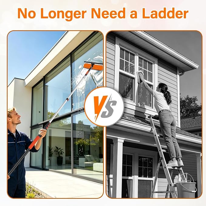30FT High Reach Duster with Extension Pole 5-24FT, 4-in-1 Cleaning Kit | with Universal Swivel Joint | High Ceiling Fan Cleaner, Cobweb Duster & Window Squeegee for Safe High-Reach Cleaning