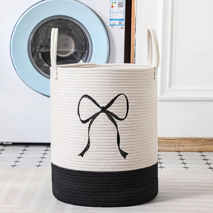 Honeydak Black Laundry Basket Bow Hamper Coquette Laundry Basket Cotton Rope Hamper 15 x 17.7 Inches Toy Box Large Coquette Bow Teens Girls Room Storage for Blanket Toys Clothes Organization