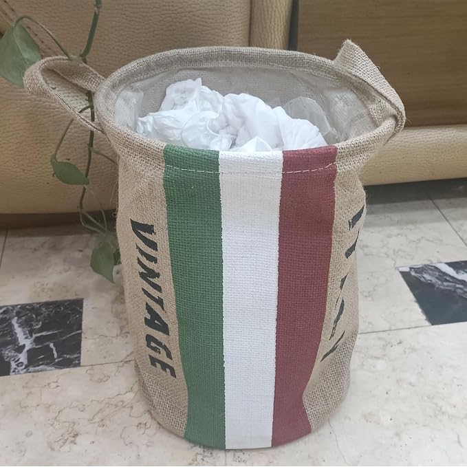 Burlap Waste Basket Vintage, Round Jute Organizer with Handles | Small Recycling Bin for Paper, Bottles & Cans, Rustic Home Office Decor, Italian Flag Design, Souvenir Gift 10" Dia. X 12" H