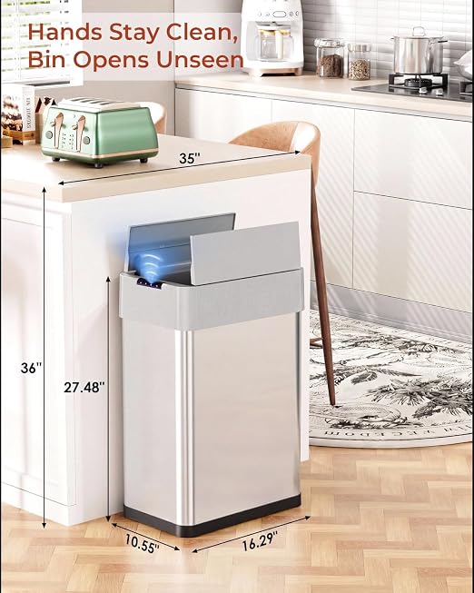 TLSUNNY 16 Gallon Automatic Trash Can, Motion Sensor Garbage bin | Stainless Steel Smart Trash Can W/ Butterfly Lid, Bag Retainer Ring for Living Room, Kitchen, Office (Silver, 60L)