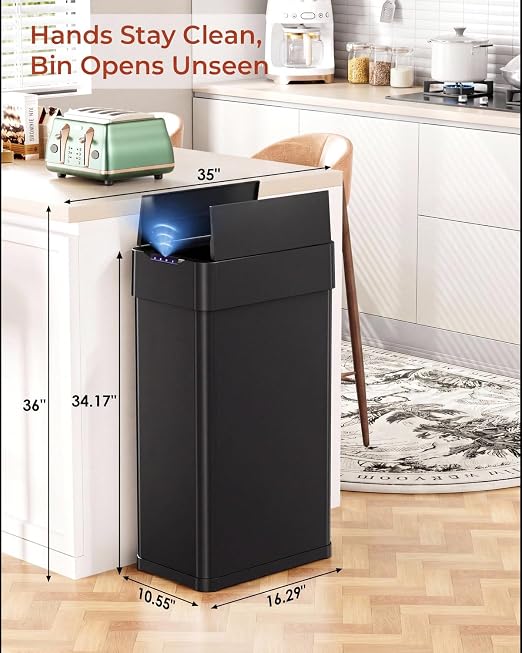 TLSUNNY 21.1 Gallon Automatic Trash Can, Motion Sensor Garbage bin | Stainless Steel Smart Trash Can W/ Butterfly Lid, Bag Retainer Ring for Living Room, Kitchen, Office (Black, 80L)
