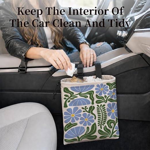 Boho Abstract Flower Car Garbage Bag Canvas Trash Can | Rustic Blue Floral Drawstring Car Trash Bag Hanging for Back Seat with Adjustable Buckle