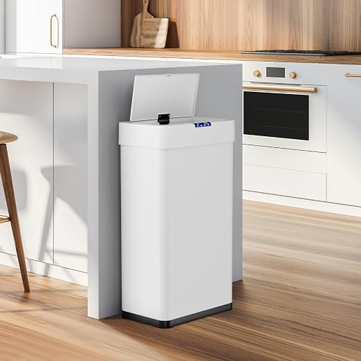 Sensor Trash Can, Touchless Motion Sensor Trash Bin | Smart Automatic Garbage Can with Soft-Close Lid, Bag Retainer Ring and Display Light, for Kitchen, Office (White, 13.2 Gal)