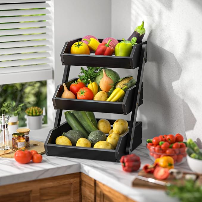 G.a HOMEFAVOR 3-Tier Fruit Basket for Kitchen Counter, Black, Self-assembly | Large Bamboo Fruit Holder for Kitchen Countertop, Snack Vegetable Storage Stand and Home Organizer