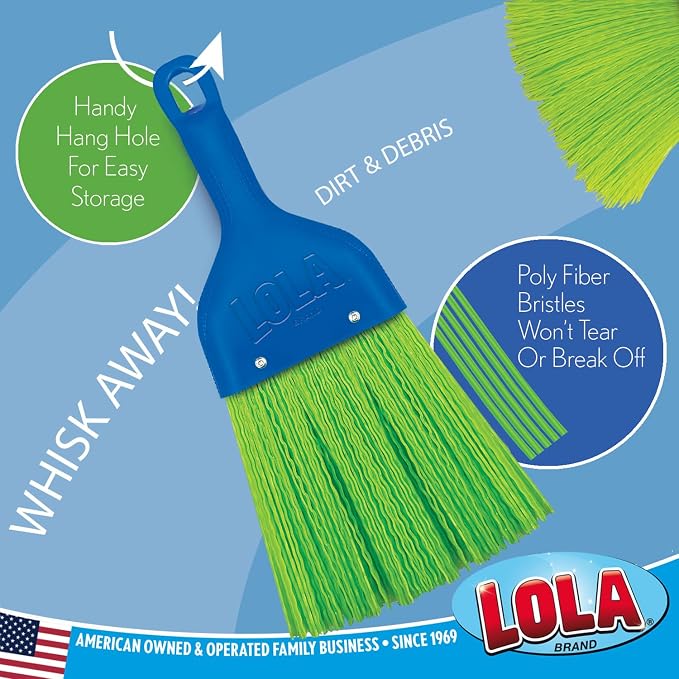 LOLA Heavy Duty Whisk Broom, Hand Brush, Durable Bristles, Whisks Away Dirt & Debris, Compact, Hang Hole for Easy Storage, Indoor/Outdoor, 1 Pack