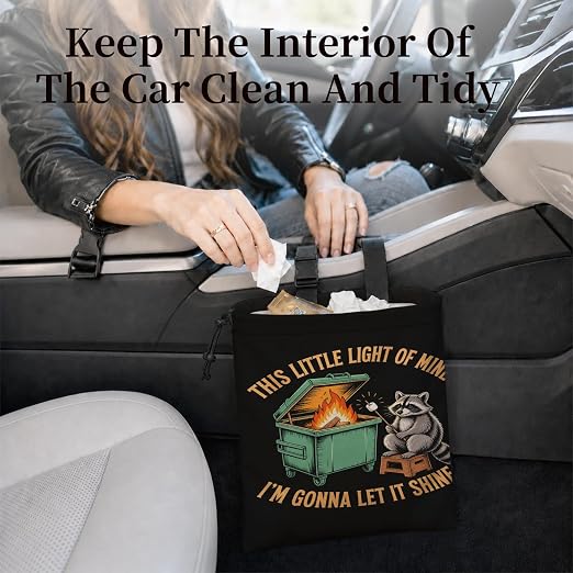 Funny Raccoon Dumpster Fire Car Garbage Bag Canvas Trash Can | Sarcastic Animal Drawstring Car Trash Bag Hanging for Back Seat with Adjustable Buckle