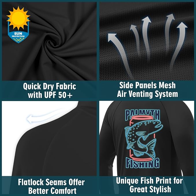 Palmyth Men's Fishing Hoodie UPF 50+ Long Sleeve with Face Mask Neck Gaiter | Zipper Pocket, Thumb Loops, Quick-Dry, Side Mesh Panels, Lens Cleaning Cloth