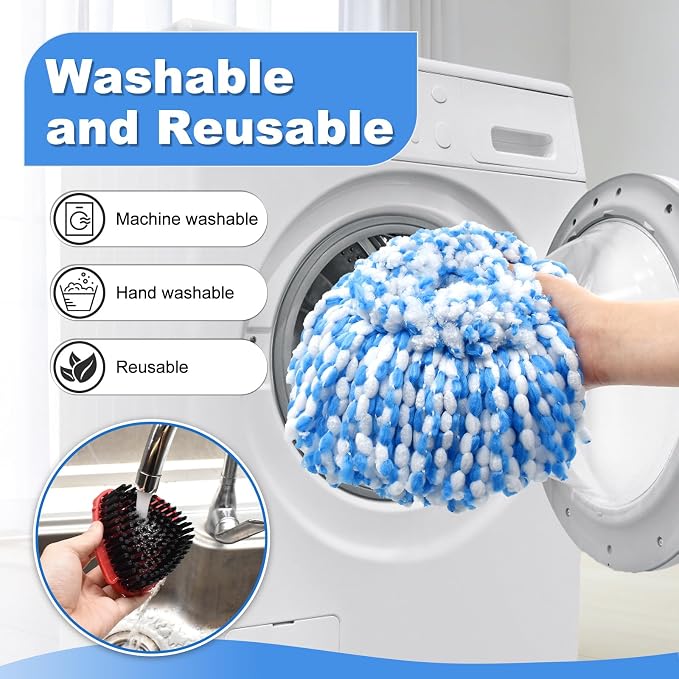 Spin Mop Handle Replacement for Ocedar, Mop Heads Replacements Compatible with RinseClean 2 Tank System, Include 2 Microfiber Spin Mop Replace Heads,4 Section Iron Mop Handle,1 Base and 1 Scrub Brush