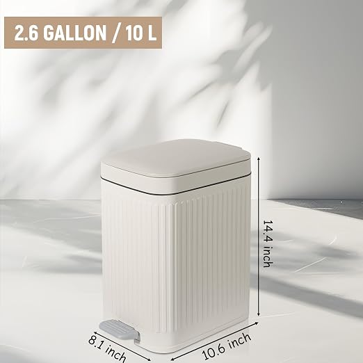 Small Bathroom Trash Can with Lid, 2.6 Gallon Slim Soft Close Step, Cream | Garbage Can with Pedal for Office, Bedroom, Kitchen & Living Room, Narrow Plastic Wastebasket Container for Small Spaces