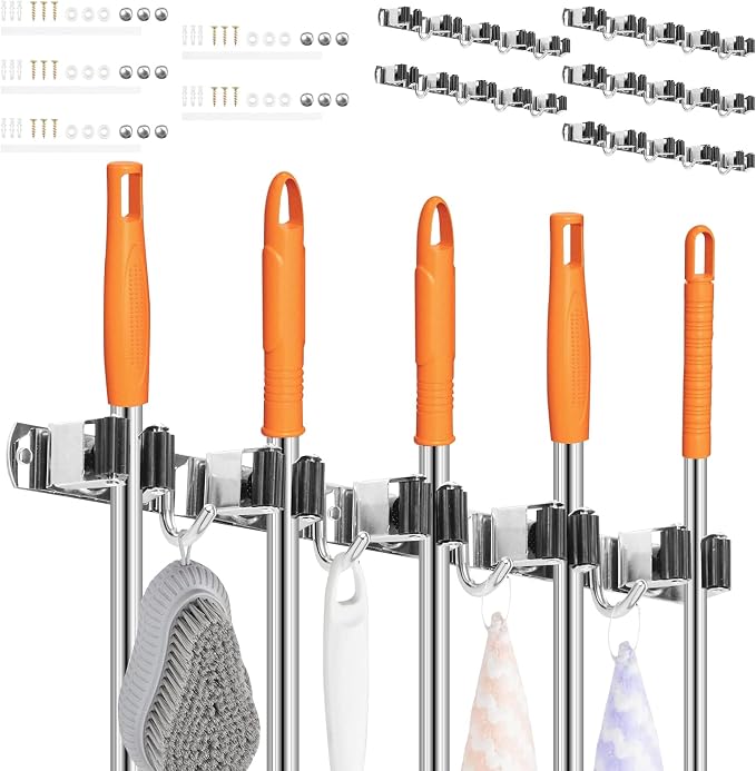 5 Pack Broom Holder Wall Mount, 5 Racks 4 Hooks, Stainless Steel | Anti Slip Storage Rack, Strong Load Bearing, Waterproof, Mop Organizer, For Bathroom Kitchen Garage