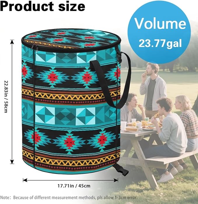 24 Gallon Large Capacity Collapsible Trash Can with Lid and Handles, Garden Leaf Bin Foldable Camping Trash Can for Yard Outdoor Picnics Blue Navajo Tribal Geometric Print