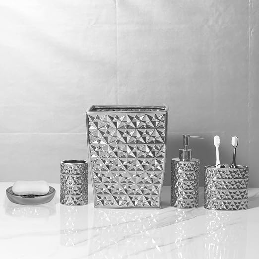 Ceramic Rectangular Small Trash Can - Wastebasket, Garbage Container Bin for Bathroom, Bedroom, Kitchen, Home Office, and Kids Room, Holds Waste, Recycling - Silver | Garbage Container Bin for Bathroom, Bedroom, Kitchen, Home Office, and Kids Room, Hol...