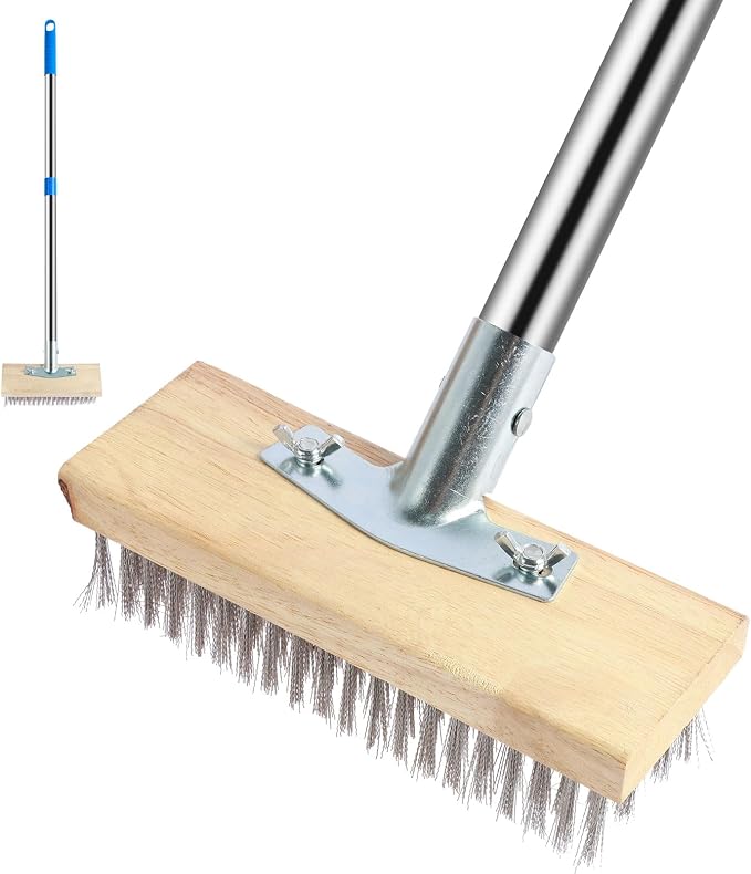Stainless Steel Deck Scrub Brush with Detachable Long Handle Poles | Adjustable Wire Broom with 4 Detachable Pole Sections, Heavy Duty Metal Wire Floor Scrubber for Garden Cleaning