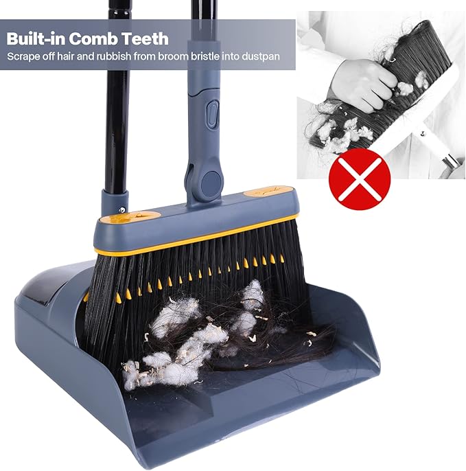 JEHONN Broom and Dustpan Set for Home, 54 Inches Long Handle Lightweight 180 Degree Rotating Indoor Upright Standing Dust Pan with Comb Teeth, Store Sweep Set for Room Kitchen Lobby Office