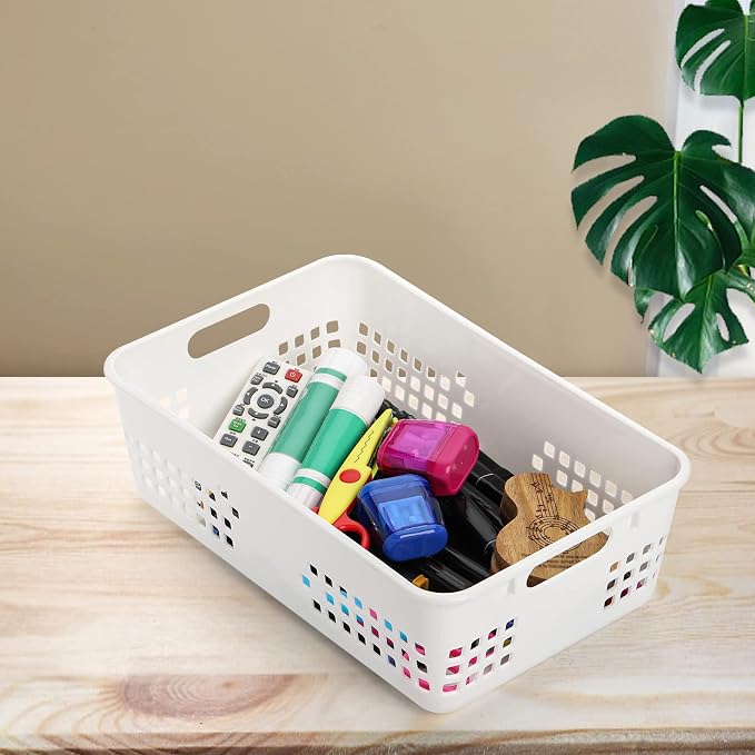 Jucoan 6 Pack White Plastic Storage Baskets, 12 X 8 X 4 Inch Large Plastic Storage Organizer Tray Bin with Handles for Classroom, Drawer, Closet, Bathroom Kitchen