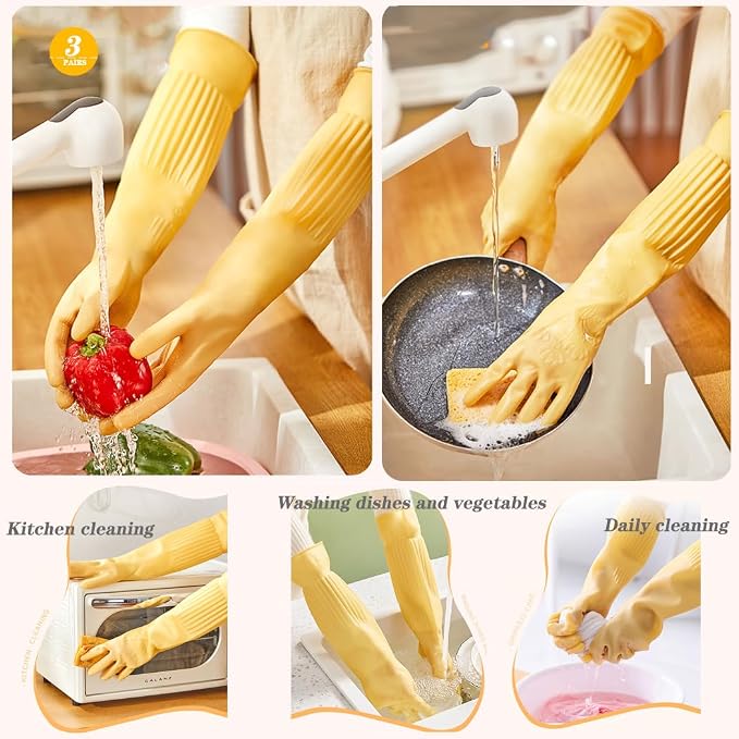 3- Pair 17.8 - Inch Elbow - Length Reusable Rubber Waterproof Household Cleaning and Kitchen Dishwashing Gloves - Small Size