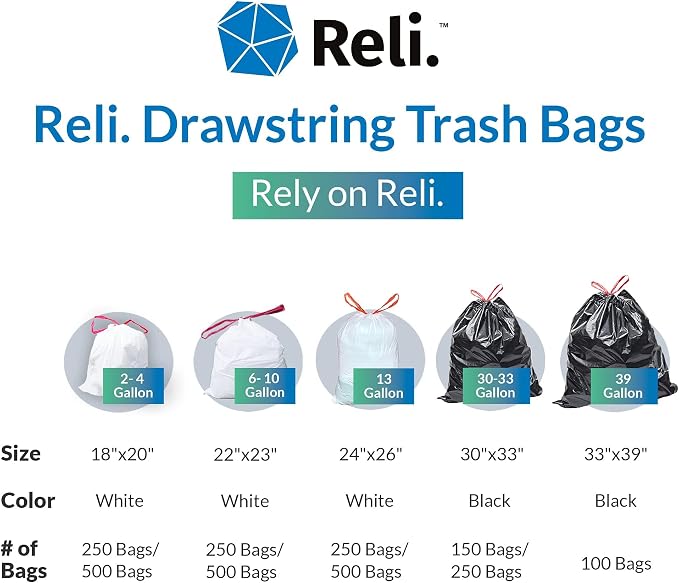 Reli. Drawstring Trash Bags 13 Gallon | 250 Count Bulk | Tall Kitchen Garbage Bags, White | 13-16 Gal w/ Drawstrings | Tear Resistant, Leak-Proof Disposal | Sized to Fit (24x26")