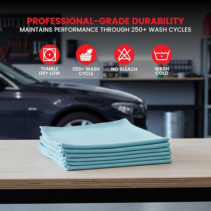 Microfiber Glass Towel 5 Pack, 16x16 inches 300 GSM Herringbone Weave – Lint-Free, Streak-Free Cloth for Glass, Mirrors, Screens & Chrome – Professional Detailing Towel, Blue