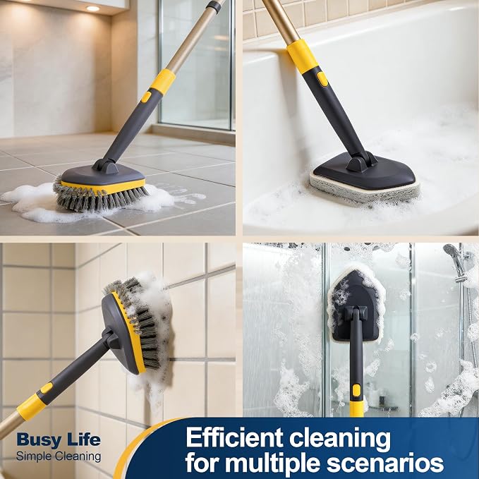 Yocada Tub Tile Scrubber Brush 2 in 1 Cleaning Brush 58.2" Telescopic Pole | Stiff Edge Bristles 4*Scouring Pads for Bathroom Shower Floor Corner Cleaning Non Scratch