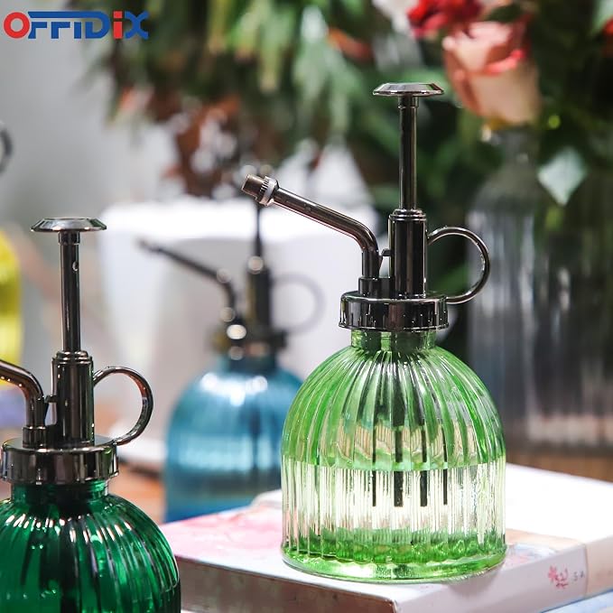 OFFIDIX Glass Plant Mister, Vintage Style Spray Bottle 6.7oz Light Green | 6.3" Tall, Spritzer Bronze Plastic Top Pump, 200ml One Hand Watering Can Indoor, Glass Spray Bottle for Garden Small Plant