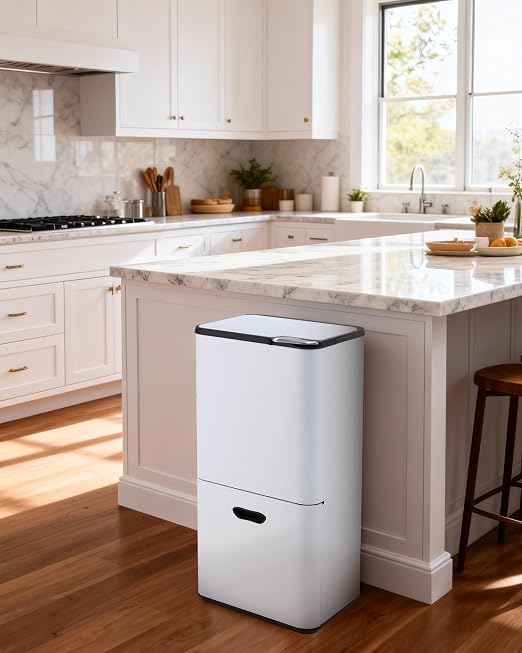 Garvee Dual Trash Can for Kitchen, 2 Compartment (33L + 28L) Garbage Can | Stainless Steel Trash and Recycle Bin Combo, with Compost Bin, Removable Inner Bucket, Odor Control, White