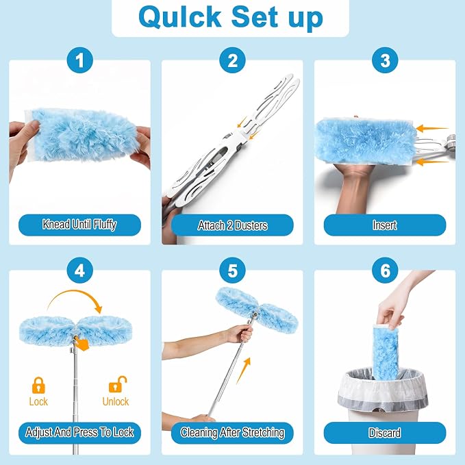 6 ft Extendable Duster Handle with 20 Refills | Duster with Extension Pole, Disposable Microfiber Dusting Pads for Home Cleaning,High Ceiling, Window, Hard-to-Reach Areas