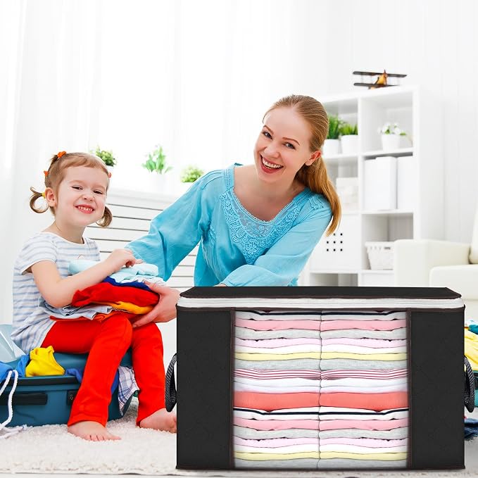 90L Large Storage Bags, 8 Pack Clothes Storage Bins Closet Organizers | Foldable Storage Containers, with Reinforced Handle, for Clothing, Blanket, Comforters, Bed Sheets, Pillows and Toys,Black