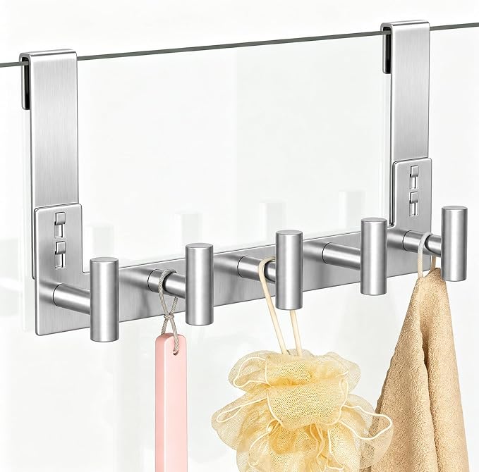 PMMASTO 7.5 Inch Hanger for 3/8 Inch Glass, Silver- 5 Hooks, T Shape | Stainless Steel Hooks Organize Towels And Robes on Frameless Glass Shower Doors in Bathrooms