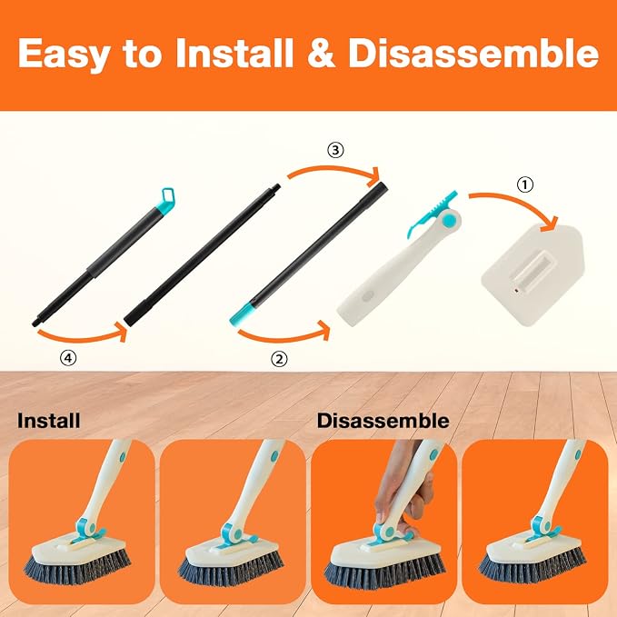 3 in 1 Scrub Cleaning Brush with Long Handle 51'' - Shower Bathtub Tub & Tile Scrubber Brush Include 1 Stiff Brush Head & 3 Scouring Pads & 3 Microfiber Clothes, for Wall Bathroom Glass Bathtub(White) | Tub & Tile Scrubber Brush of 1 Stiff Brush Head &...