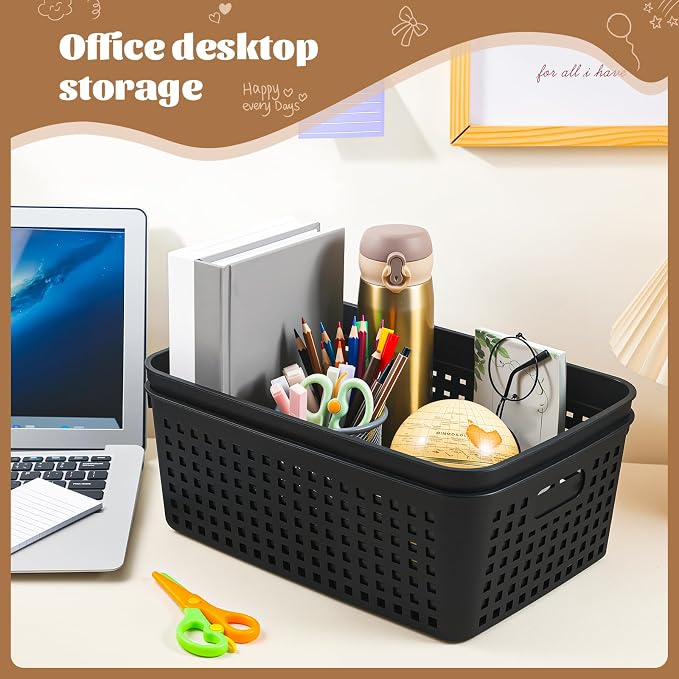 Lineshading 12 Pack Plastic Storage Baskets for Organizing, Black | 13 x 10'' Large Plastic Storage Baskets Bins with Grip Handles, Stackable Mesh for Cabinets, Desktops, Shelves, Home & Office