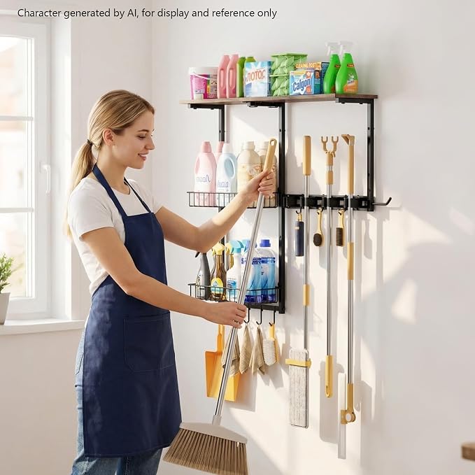 Broom Holder Wall Mount,With A Storage Basket Cleaning Tool Storage Rack | Multifunctional Broom And Mop Organizer Wall Hanger,Suitable Laundry Room 、Garage 、Kitchen Wall-mounted Storage Rack (Black)