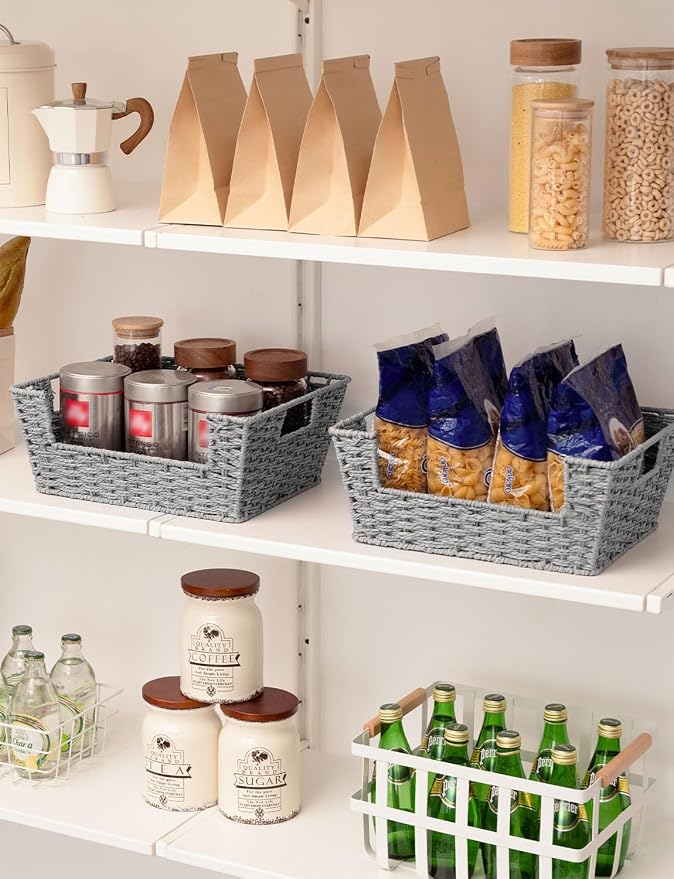 StorageWorks Pantry Baskets for Organizing, Woven Baskets, Round Paper Rope | Pantry Baskets for Patato and Onion Storage, Stackable Wicker Basket Organizer for Shelf, Woven Basket for Storage, 2-Pack