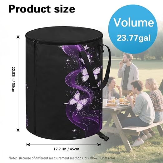 BIGCARJOB Bling Butterfly Collapsible Trash Can Camping Gargabe Bin Tall Trash Can Large Capacity Pop Up Garden Bag for Travelers Camper Trailer, 22.83x17.71 in