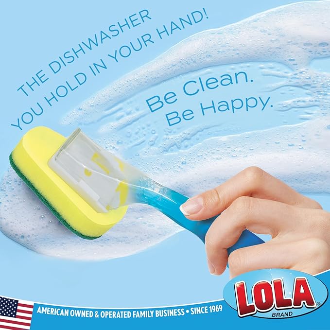 LOLA Dish Brush w/Soap Dispenser Wand, 1 Brush w/Head & 6 Refills, Absorbent Sponge Scrubber, No Leaking. Clean Dishes, Sinks and Cookware