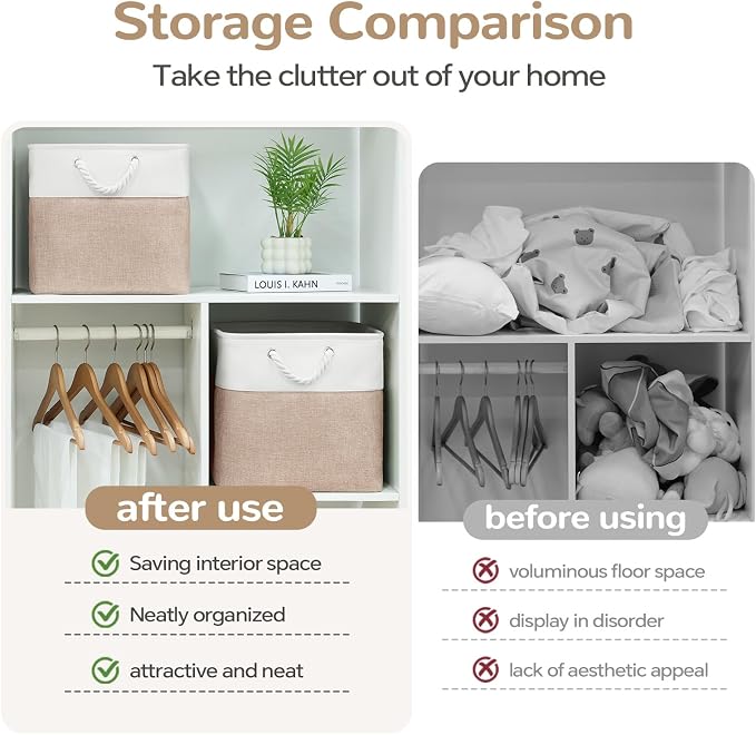 13x13 Inch Foldable Fabric Cube Storage Bins with Handles 6 Pack | Sturdy Metal Strand, Cardboard Support Molding, Storage Basket, Cube Storage Bin for Shelves, Closet, Bedroom, White/Khaki