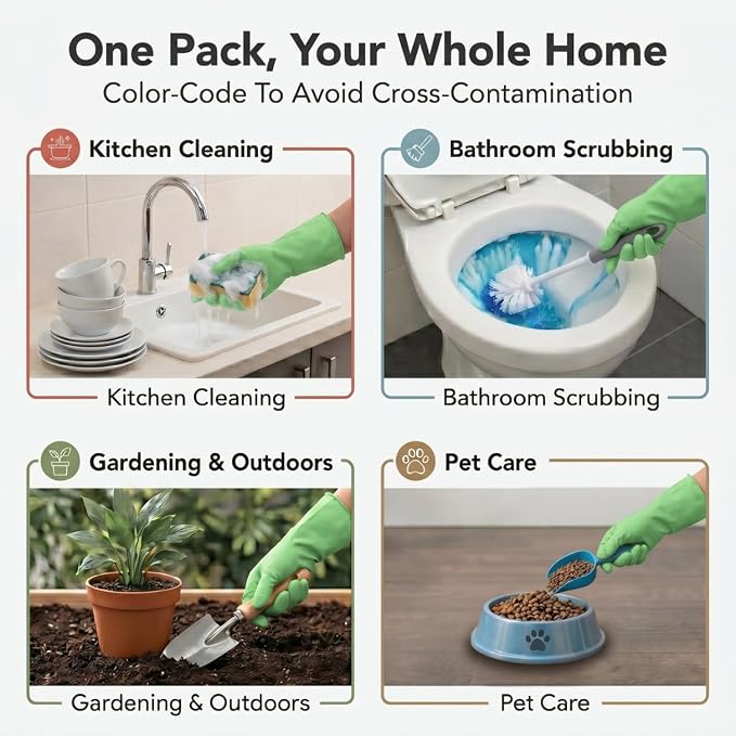 ForPro Natural Rubber Gloves, 6 Pairs Reusable Multi-Purpose Household Cleaning Gloves with Soft Inner Lining, Waterproof & Chemical-Resistant, Lime Zest, X-Large