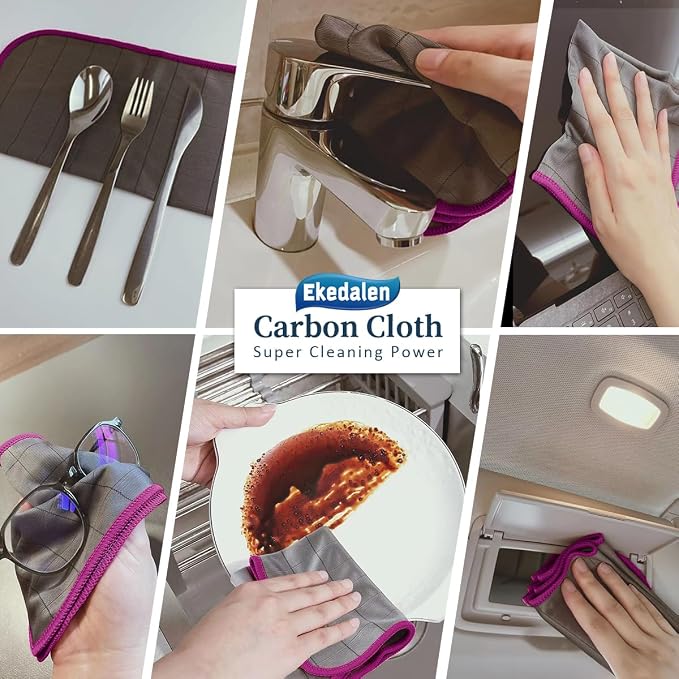 Microfiber Cleaning Cloth Lint Free Glass Polish, Purple-Dark Grey | 400GSM Carbon Fiber Cloth for Glass Window Mirror Kitchen, Streak Free, Auto Detailing Easy Clean, 16 x12 in, 6 Pcak