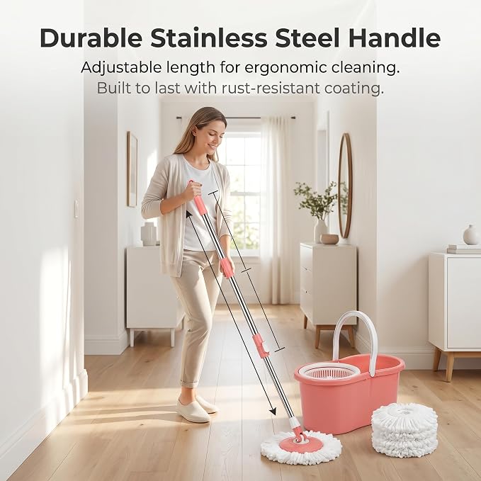 Pink Spin Mop and Bucket with Wringer Set 360 Rotating Mop 3 Mop Refills