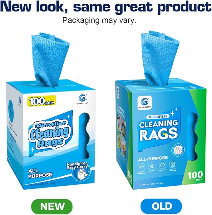 GLIMGLINT Reusable Shop Towels, 100 Pack Microfiber Cleaning Cloth, 11 x9 | Lint Free & Ultra Absorbent Cleaning Rags for Auto Repair, Detailing, Restaurants & Factories, Washable Shop Rag, Blue