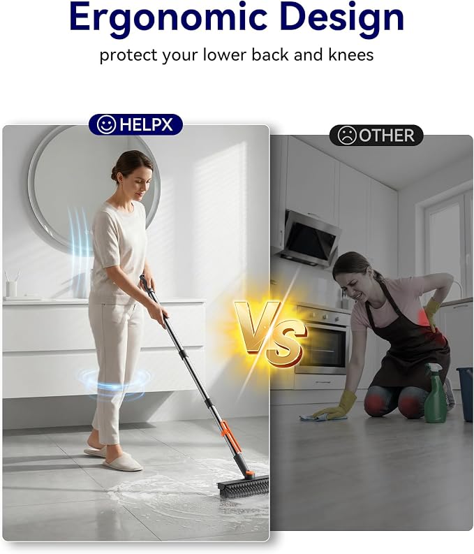 3 in 1 Adjustable Small Floor Scrub Brush with Long Handle | 360 rotating head Right-angle Heavy-Duty Stiff Bristle with Squeegee and Tweezer for Cleaning Bathroom Tile Patio and Kitchen
