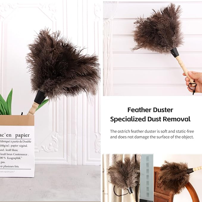 Ostrich Feather Duster 14 inch Fluffy Natural Genuine Ostrich Feathers with Wooden Handle and Eco-Friendly Reusable Handheld Ostrich Feather Duster for Cleaning Supplies(10PCS)